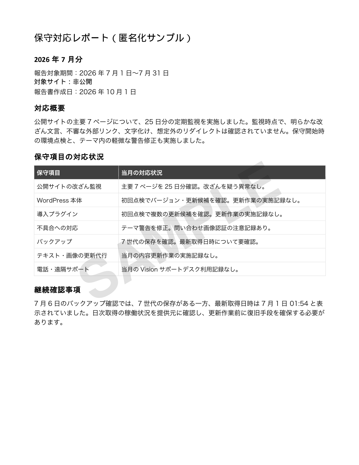 匿名化済み月次保守レポート：対応概要・保守項目の対応状況