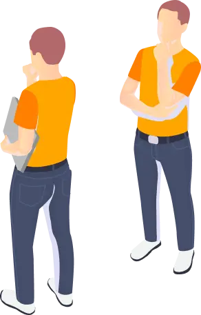 2人の男性が何かを考えている様子のアイソメトリックイラスト